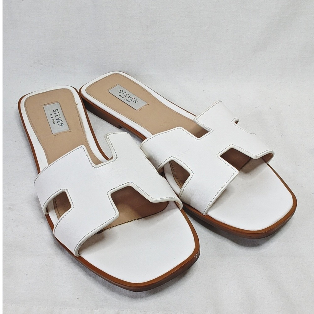 Steven Steve Madden Harlien Slide Sandal White Leather H-Strap Square Toe 9.5M